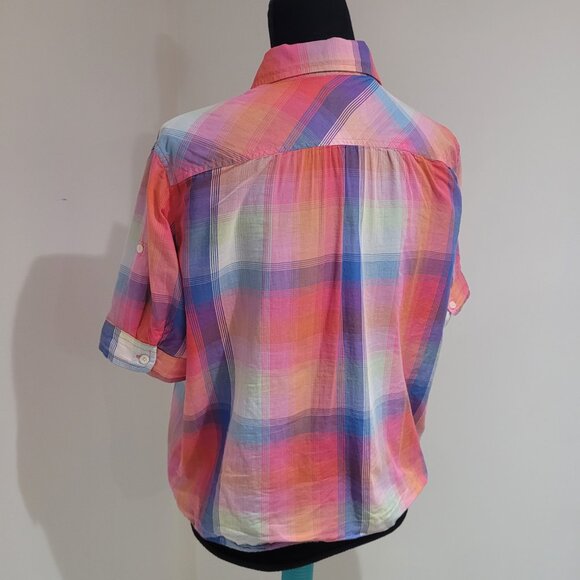 American Eagle Multicolor Plaid Short Sleeve Button Down Blouse Size Medium - Picture 10 of 15